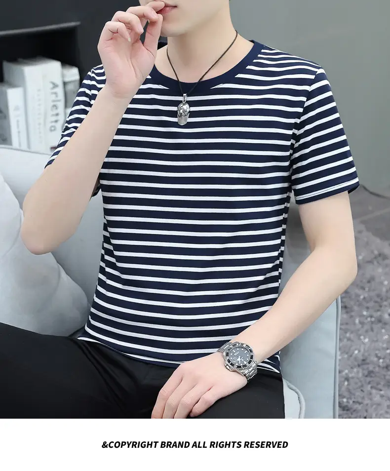 Men Navy Striped Cotton T-Shirt Round Neck Short Sleeve — feature 34