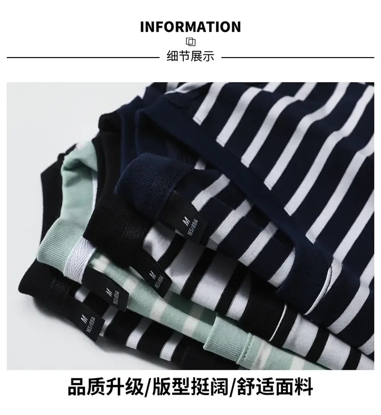 Men Navy Striped Cotton T-Shirt Round Neck Short Sleeve — feature 36