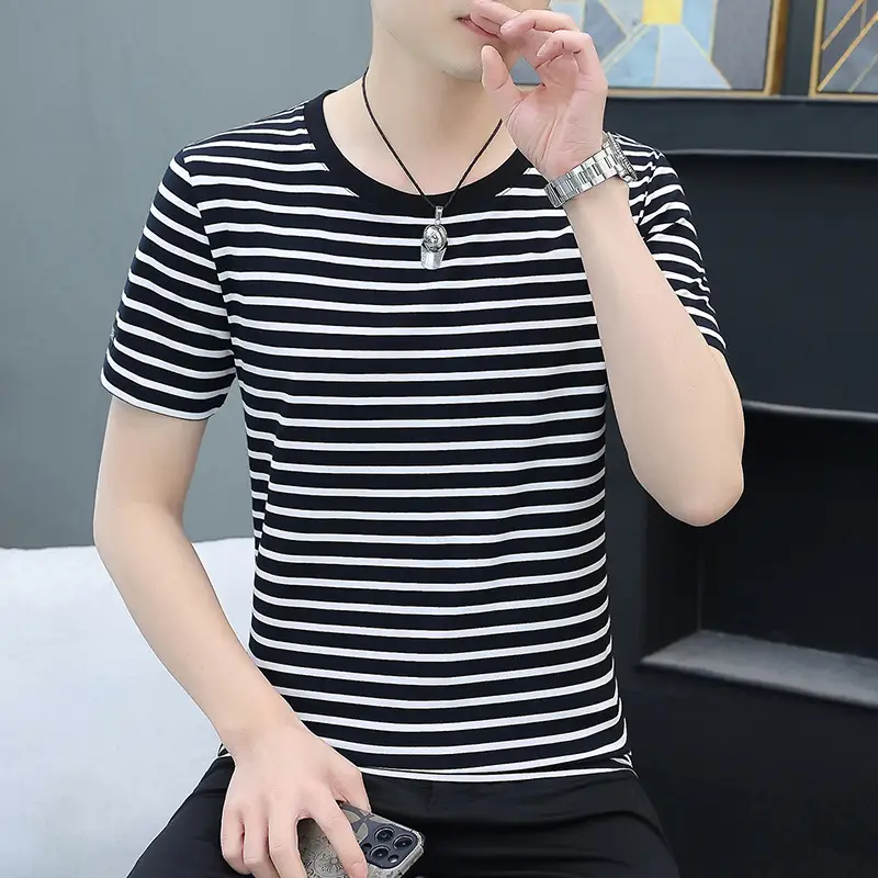 Men Navy Striped Cotton T-Shirt Round Neck Short Sleeve