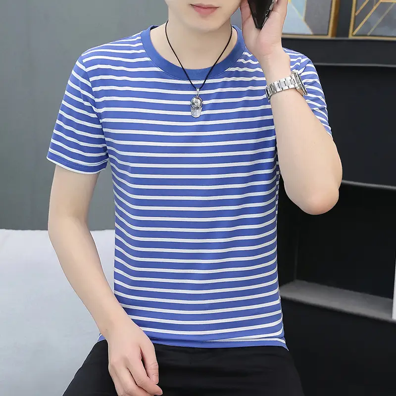 Men Navy Striped Cotton T-Shirt Round Neck Short Sleeve
