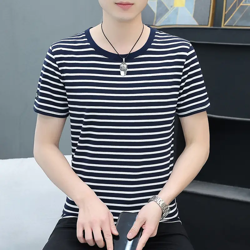 Men Navy Striped Cotton T-Shirt Round Neck Short Sleeve