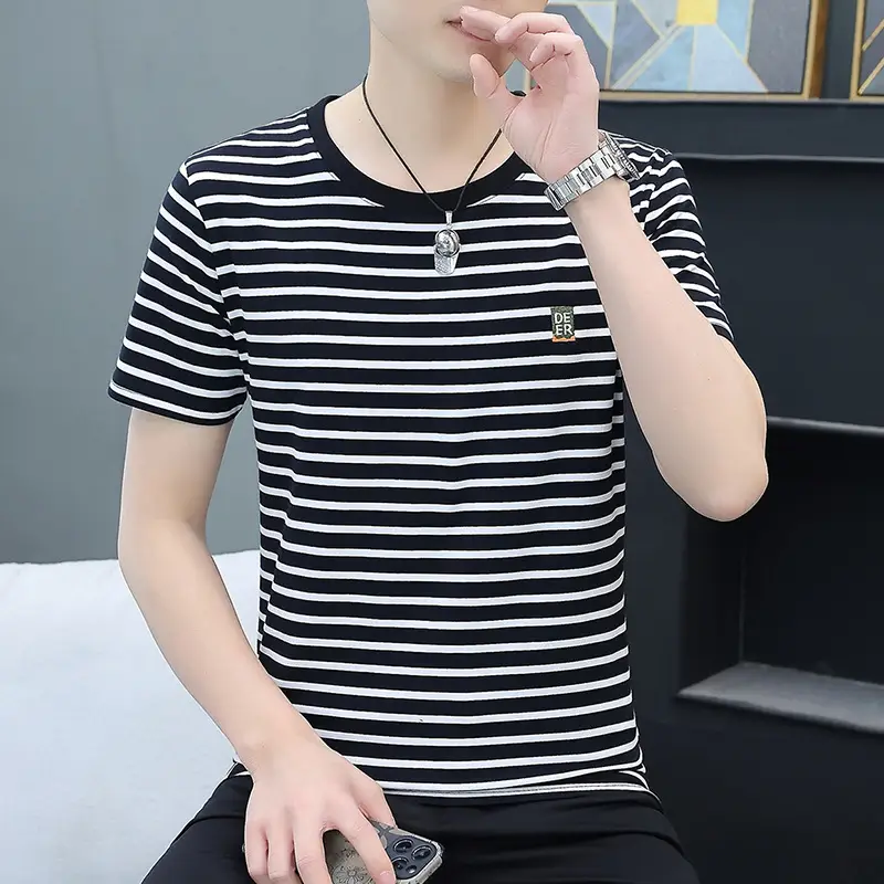 Men Navy Striped Cotton T-Shirt Round Neck Short Sleeve