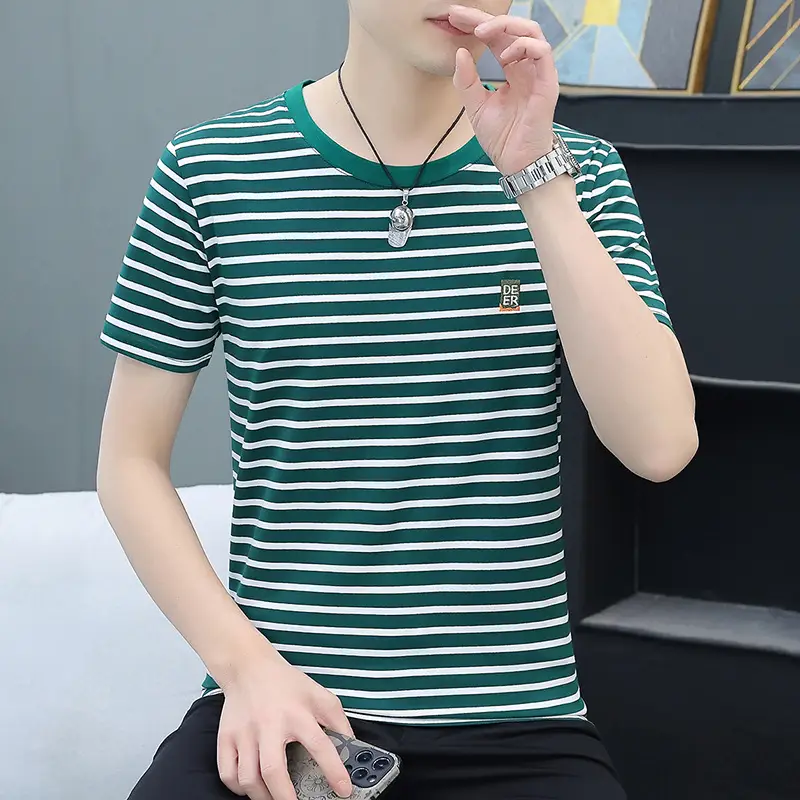 Men Navy Striped Cotton T-Shirt Round Neck Short Sleeve