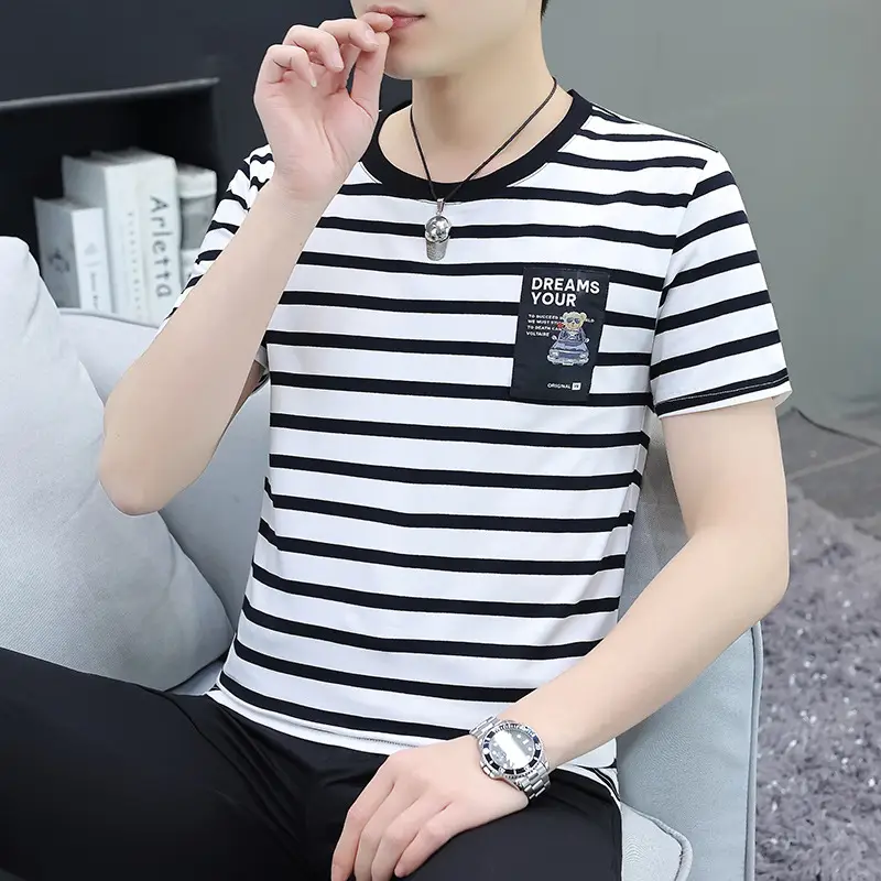 Men Navy Striped Cotton T-Shirt Round Neck Short Sleeve