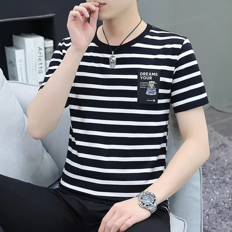 Men Navy Striped Cotton T-Shirt Round Neck Short Sleeve
