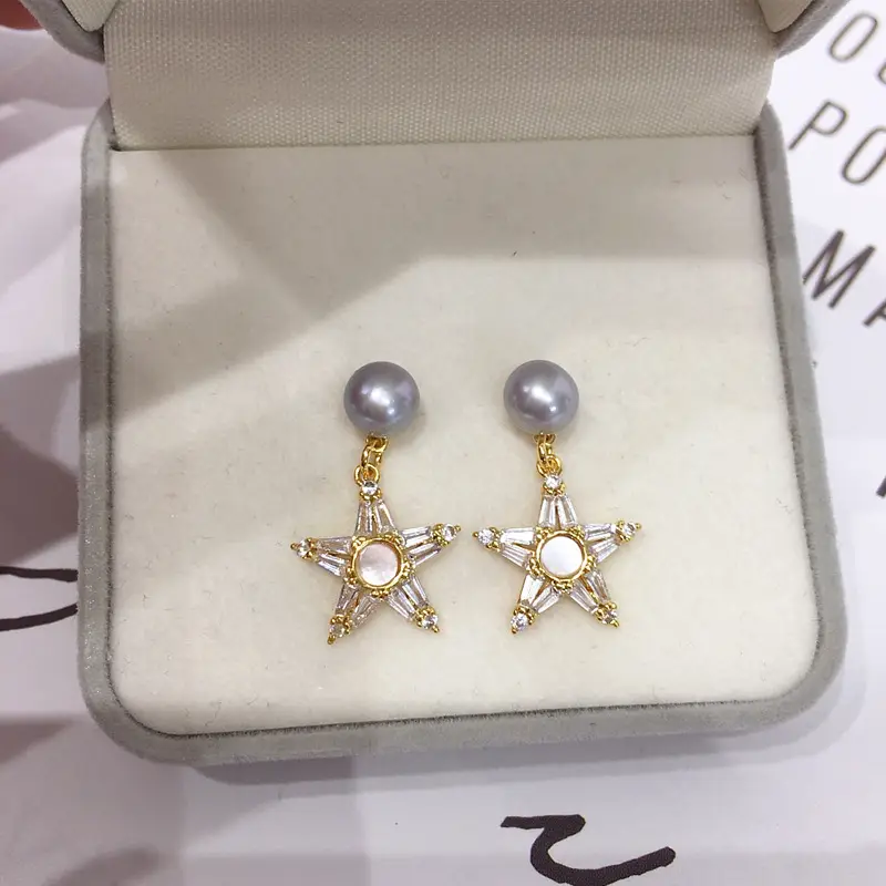 Natural Pearl Star Earrings for Women 18K Gold
