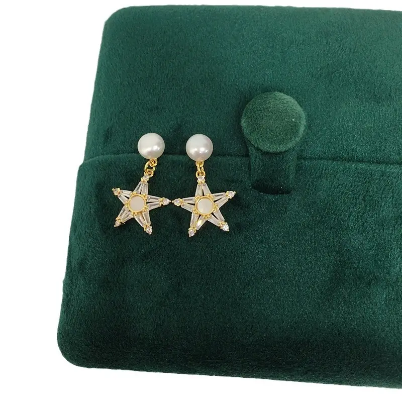 Natural Pearl Star Earrings for Women 18K Gold