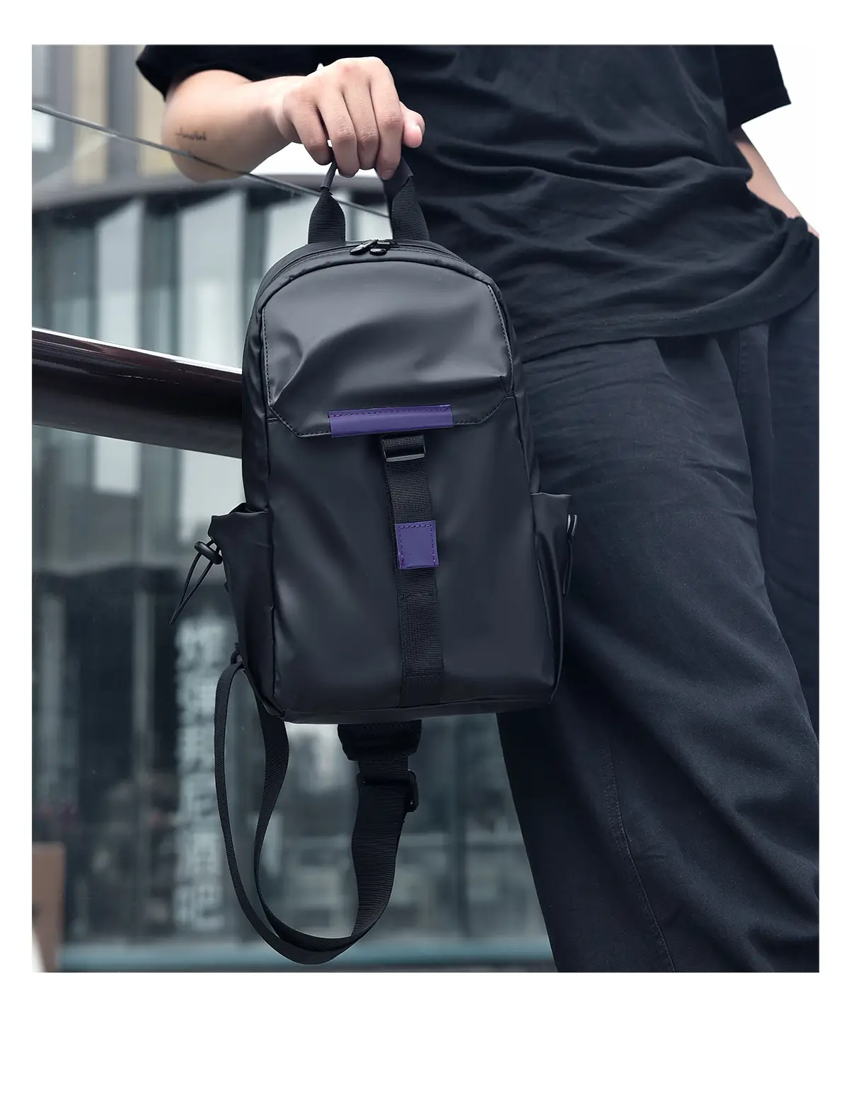 Men's Large Capacity Shoulder Bag with Purple Accents — feature 11