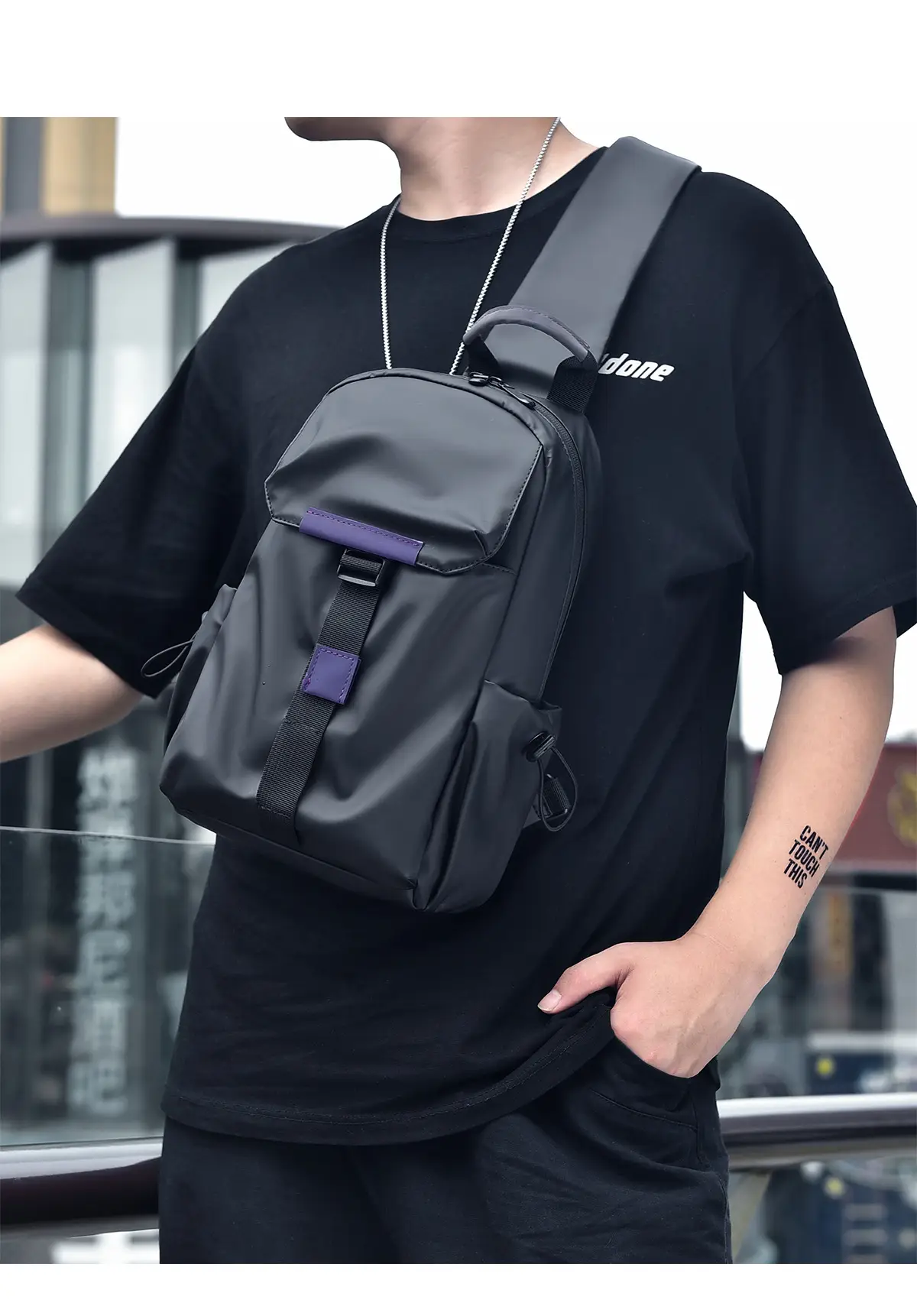 Men's Large Capacity Shoulder Bag with Purple Accents — feature 13