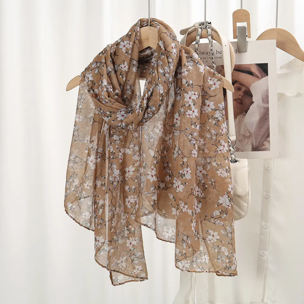 Women Silk Printed Long Scarf Brown Floral — feature 11