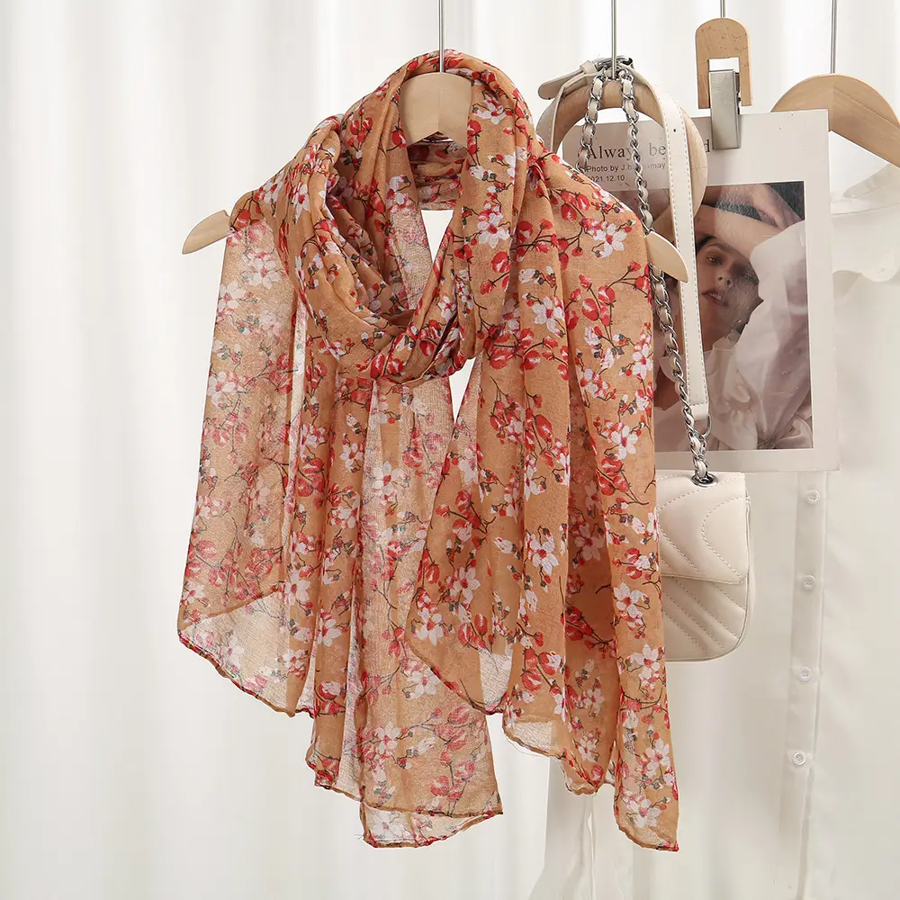 Women Silk Printed Long Scarf Brown Floral — feature 15