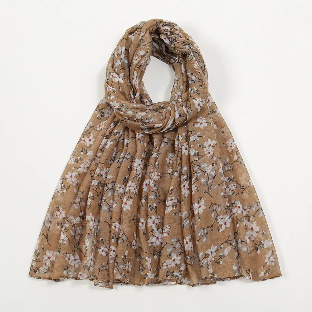 Women Silk Printed Long Scarf Brown Floral - Image 5