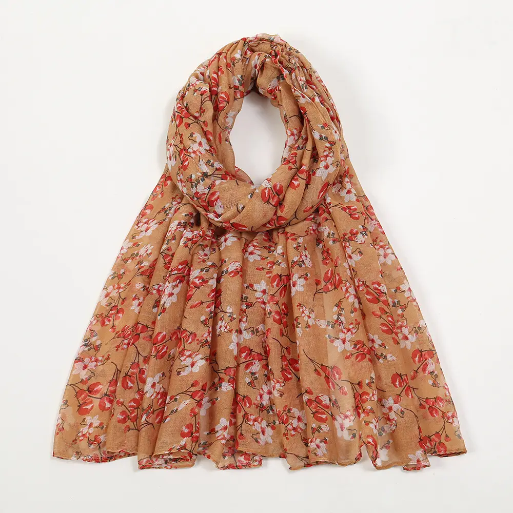 Women Silk Printed Long Scarf Brown Floral - Image 7