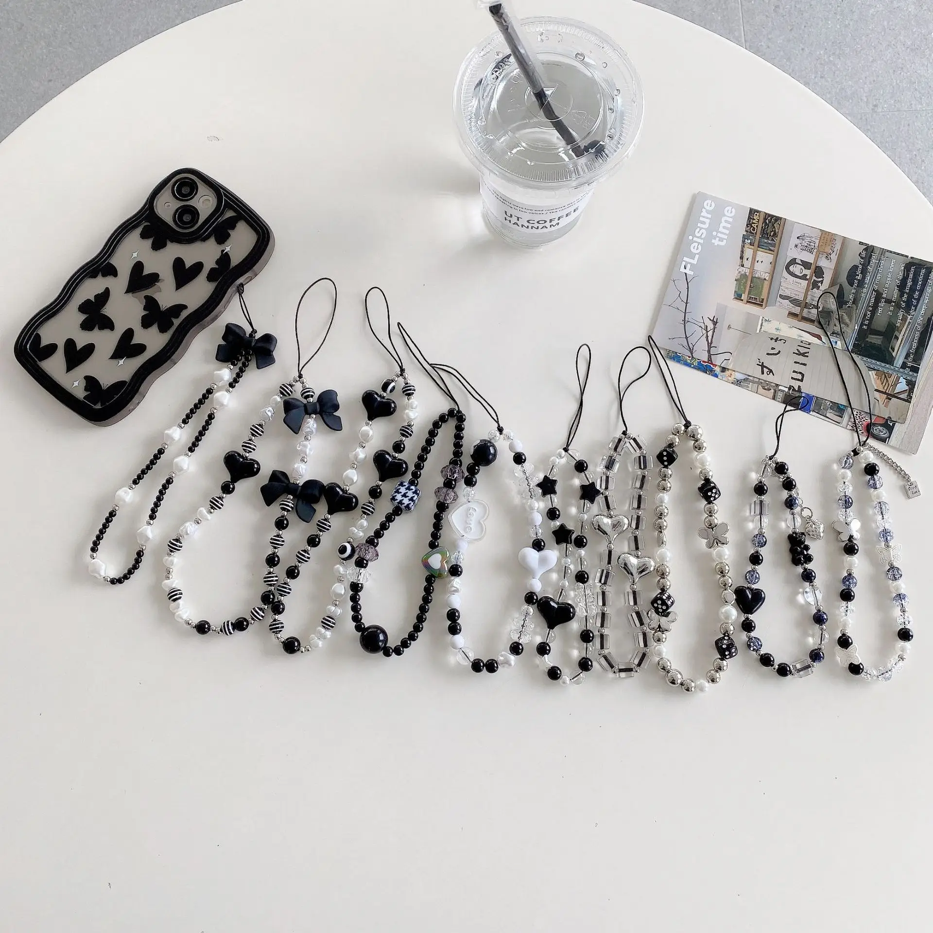 Black Heart Bow Chain with White Pearl & Heart Stripes — feature 1