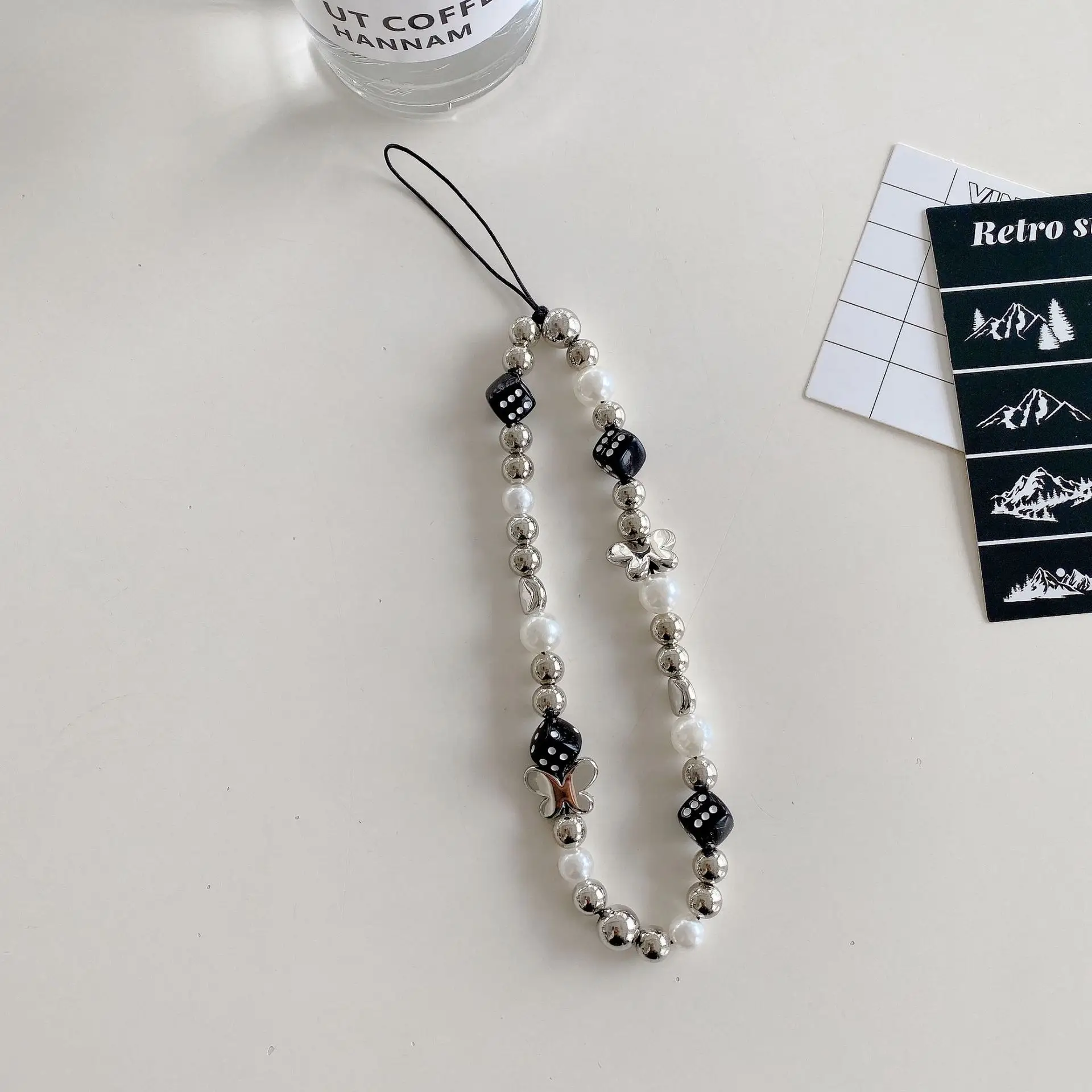 Black Heart Bow Chain with White Pearl & Heart Stripes - Image 4