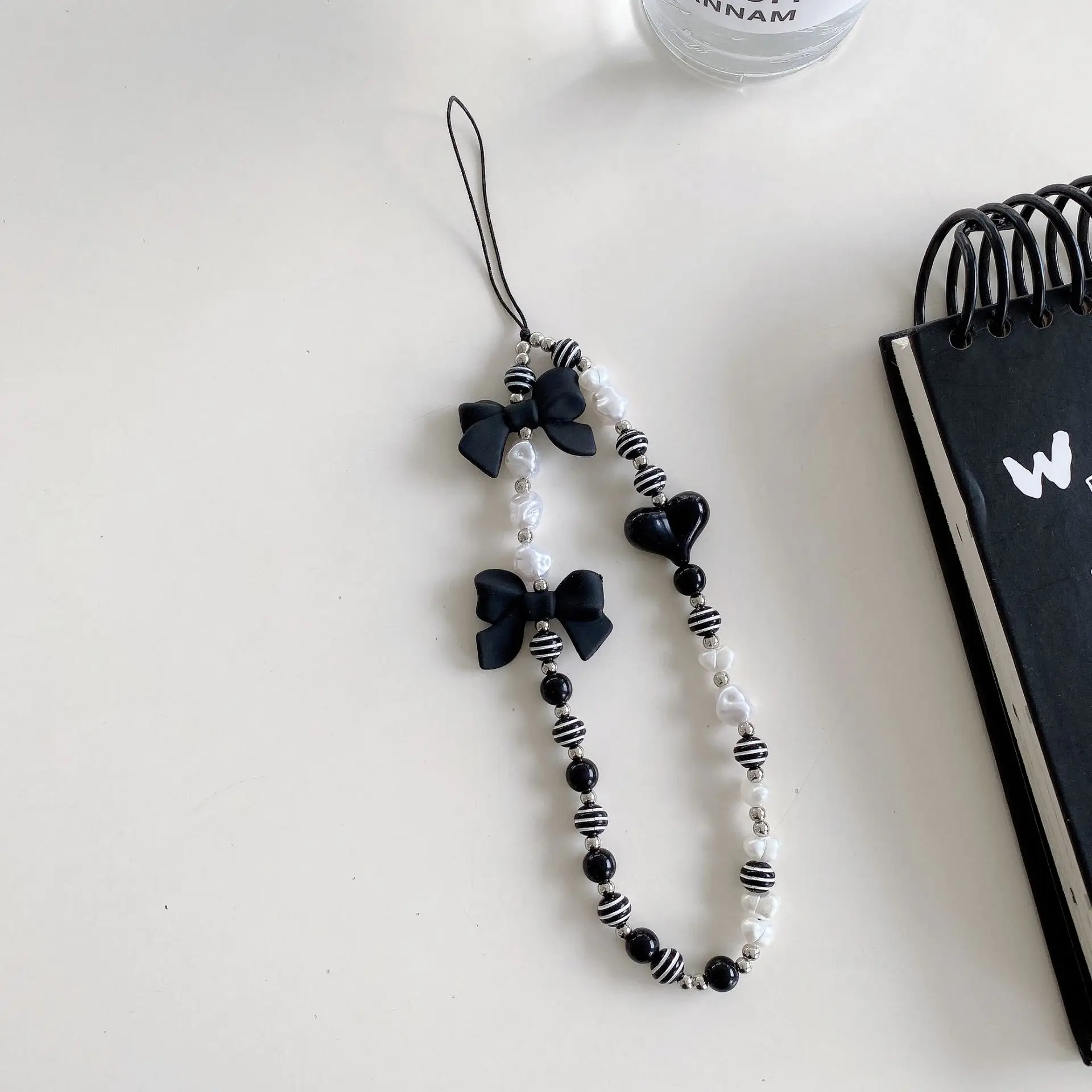 Black Heart Bow Chain with White Pearl & Heart Stripes - Image 7