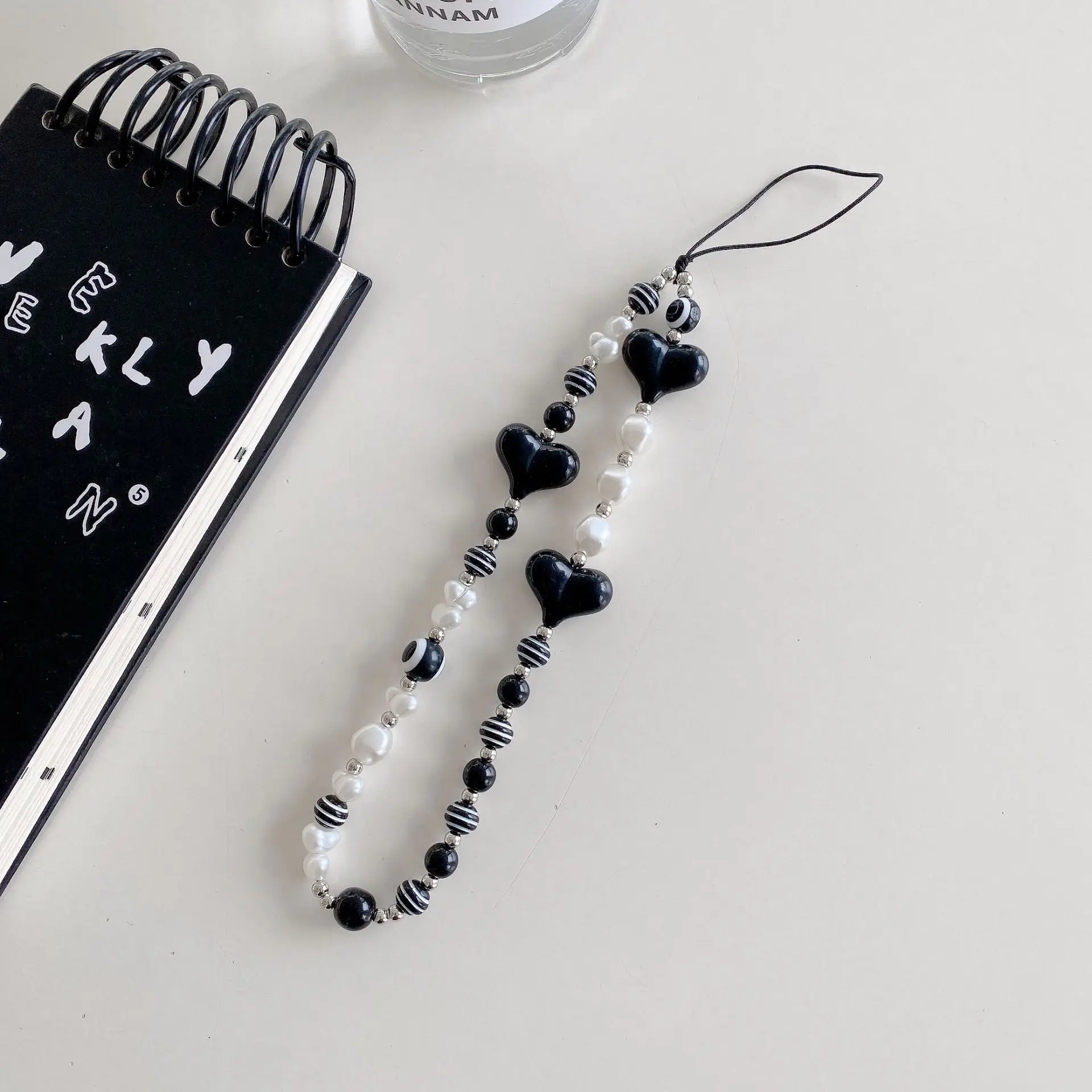 Black Heart Bow Chain with White Pearl & Heart Stripes - Image 8