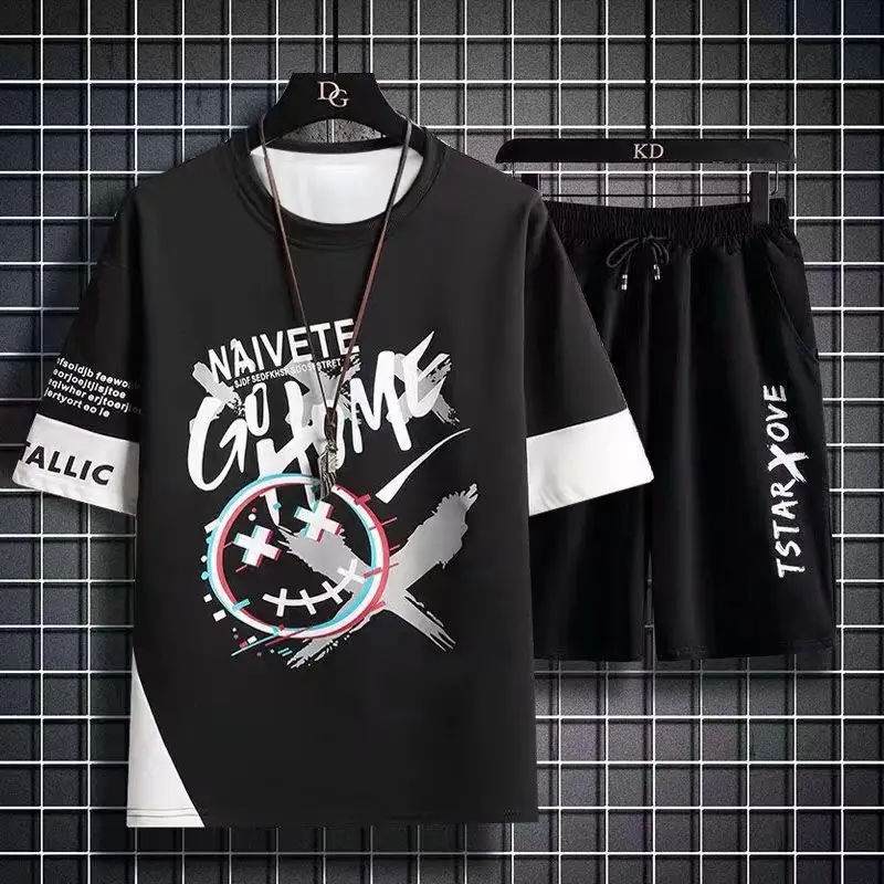 Men Printed Ice Silk Casual Suit Black White - Image 12