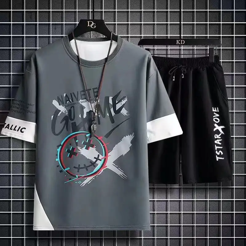 Men Printed Ice Silk Casual Suit Black White - Image 13
