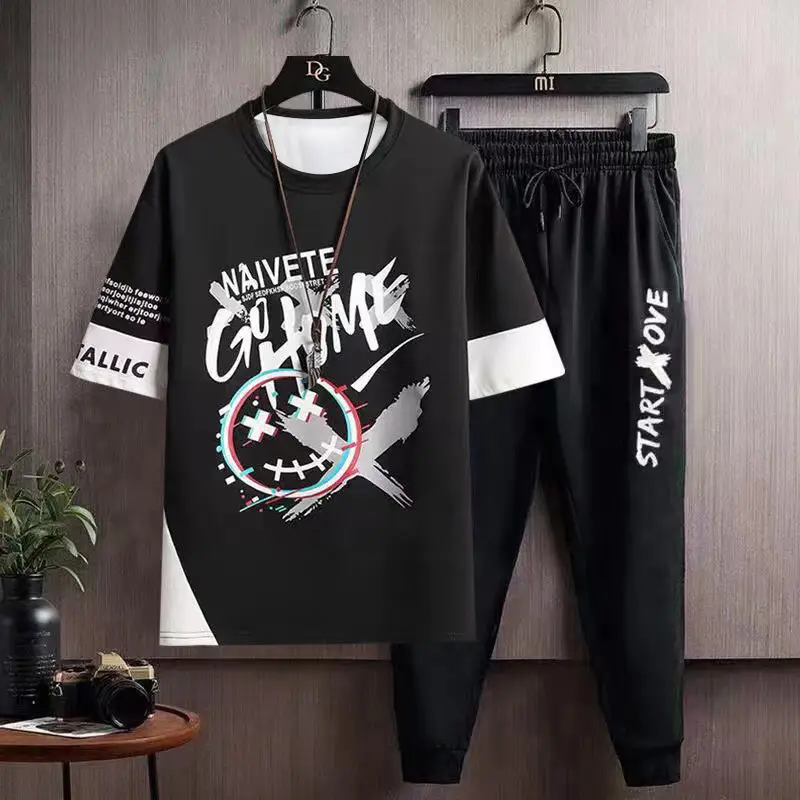 Men Printed Ice Silk Casual Suit Black White - Image 6