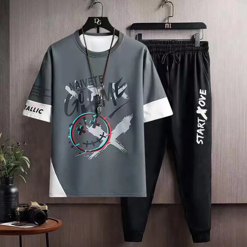 Men Printed Ice Silk Casual Suit Black White - Image 7