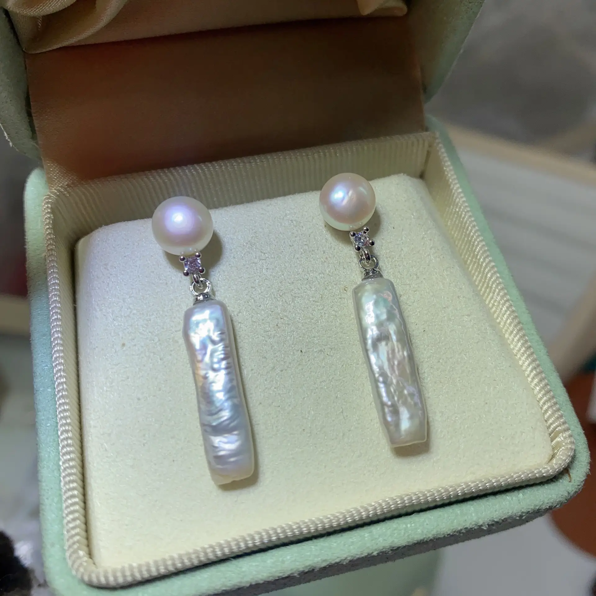 Natural Pearl Baroque Earrings for Women Silver Strip Design