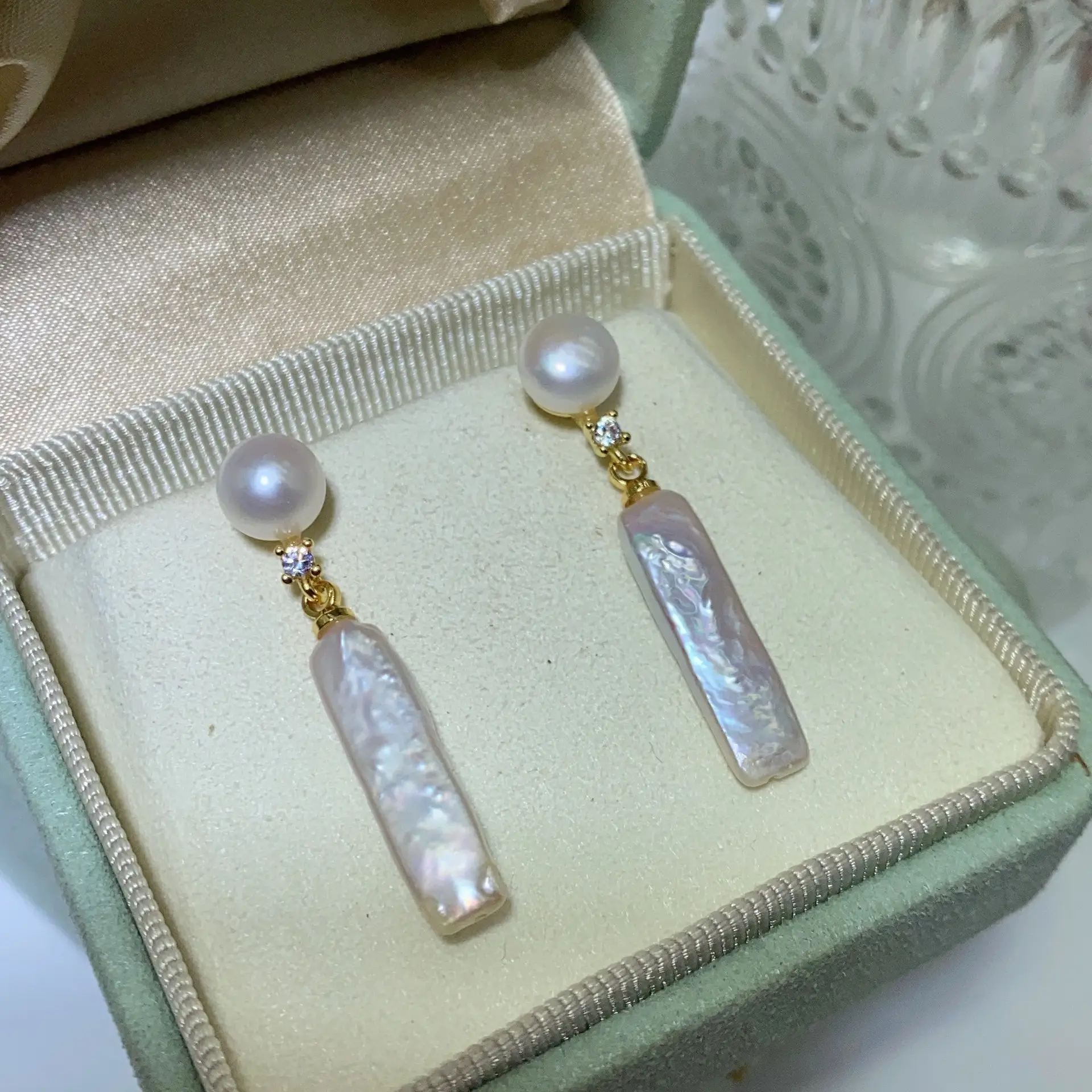 Natural Pearl Baroque Earrings for Women Silver Strip Design