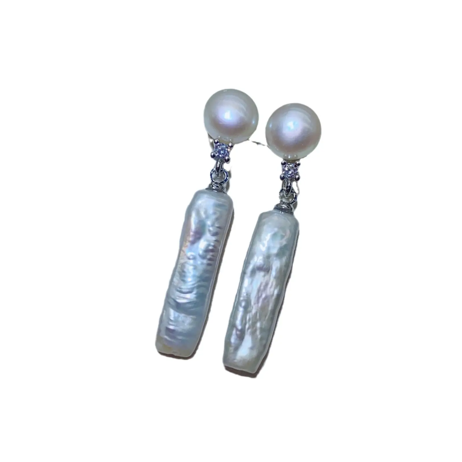 Natural Pearl Baroque Earrings for Women Silver Strip Design