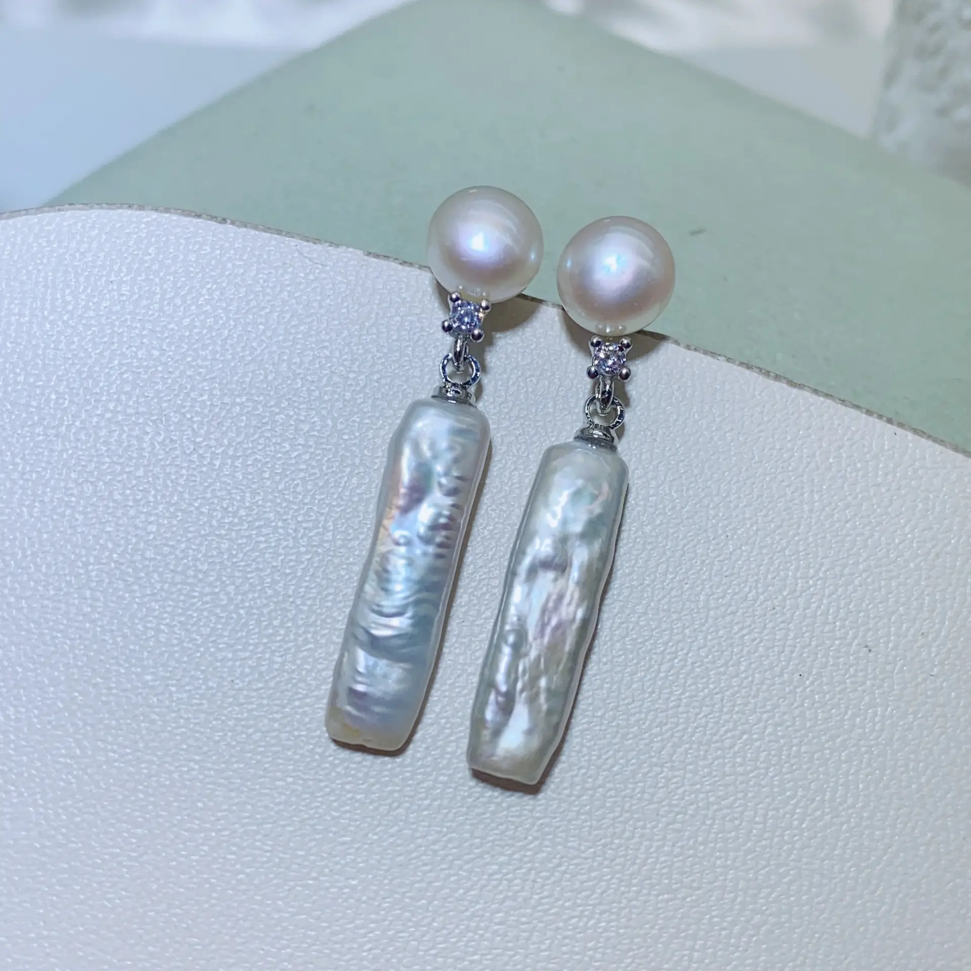 Natural Pearl Baroque Earrings for Women Silver Strip Design