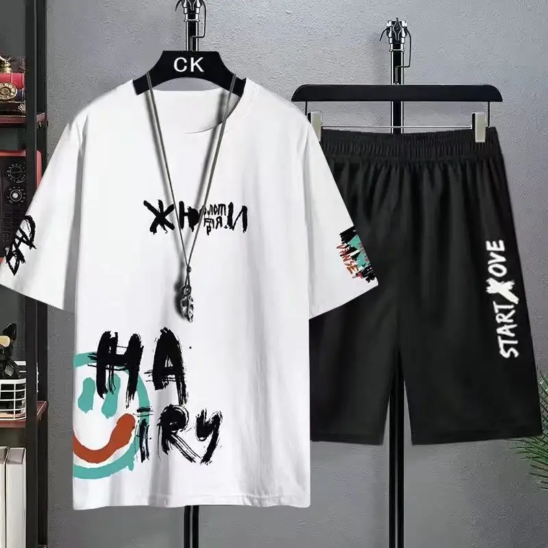 Men Printed Ice Silk T-Shirt Shorts Set Black Casual Summer - Image 10