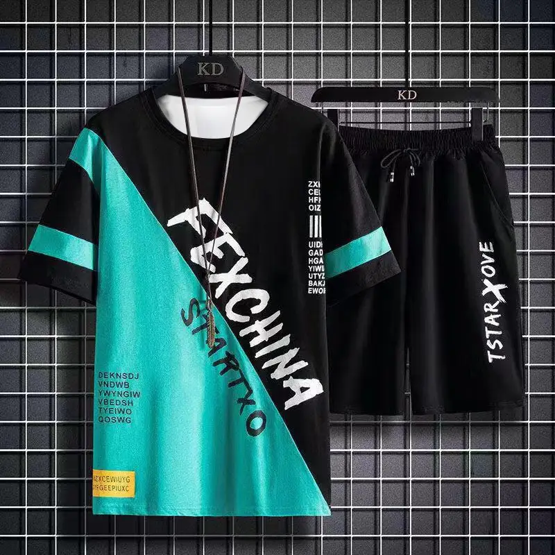 Men Printed Ice Silk T-Shirt Shorts Set Black Casual Summer - Image 15