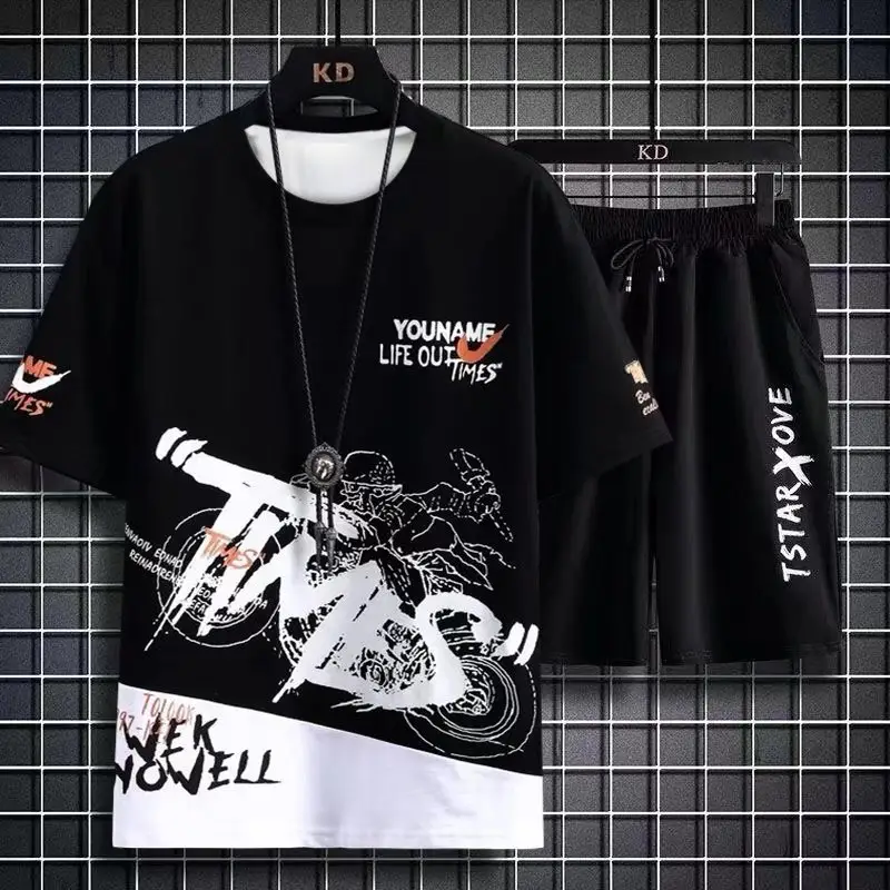 Men Printed Ice Silk T-Shirt Shorts Set Black Casual Summer - Image 3