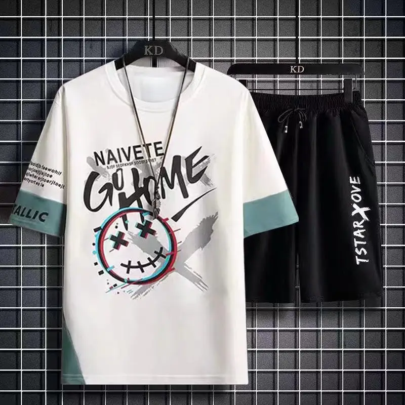Men Printed Ice Silk T-Shirt Shorts Set Black Casual Summer - Image 5