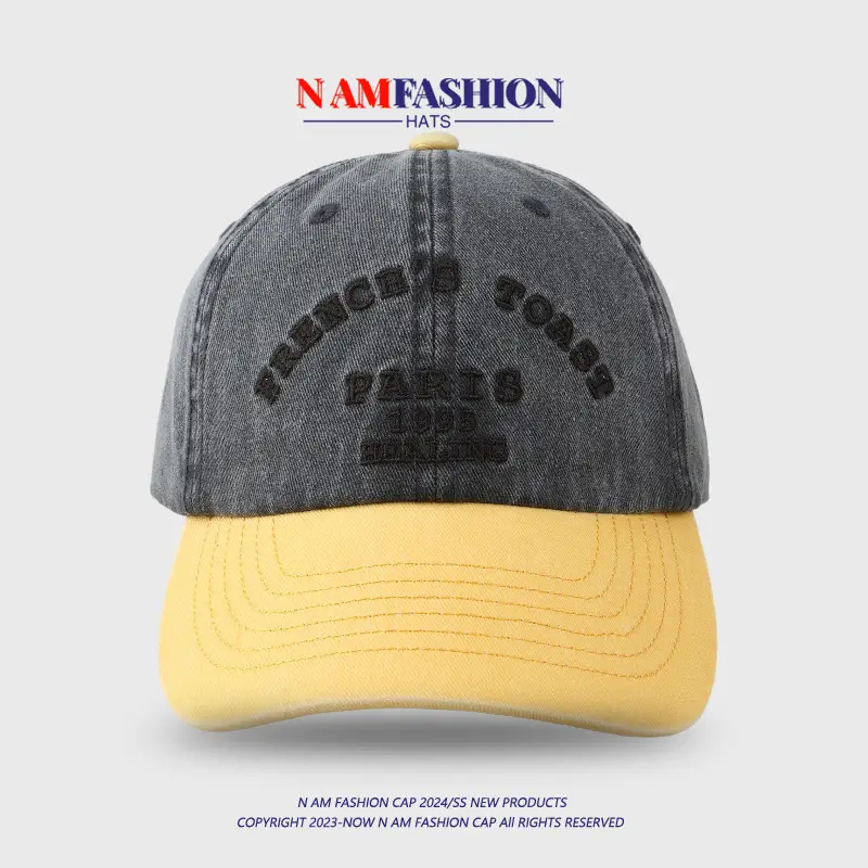 Men's Yellow Blue Washed Baseball Cap with Korean Embroidery - Image 7