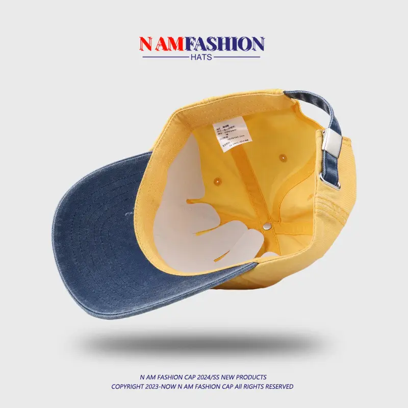 Men's Yellow Blue Washed Baseball Cap with Korean Embroidery - Image 10