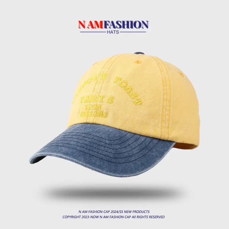 Men's Yellow Blue Washed Baseball Cap with Korean Embroidery — feature 10