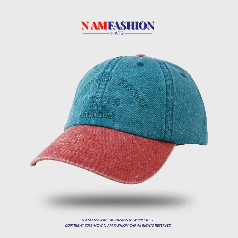 Men's Yellow Blue Washed Baseball Cap with Korean Embroidery — feature 11
