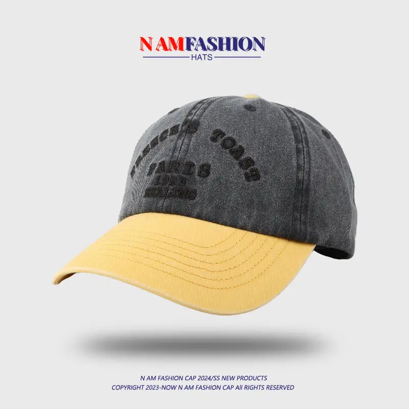 Men's Yellow Blue Washed Baseball Cap with Korean Embroidery — feature 12