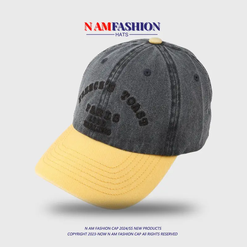 Men's Yellow Blue Washed Baseball Cap with Korean Embroidery — feature 4