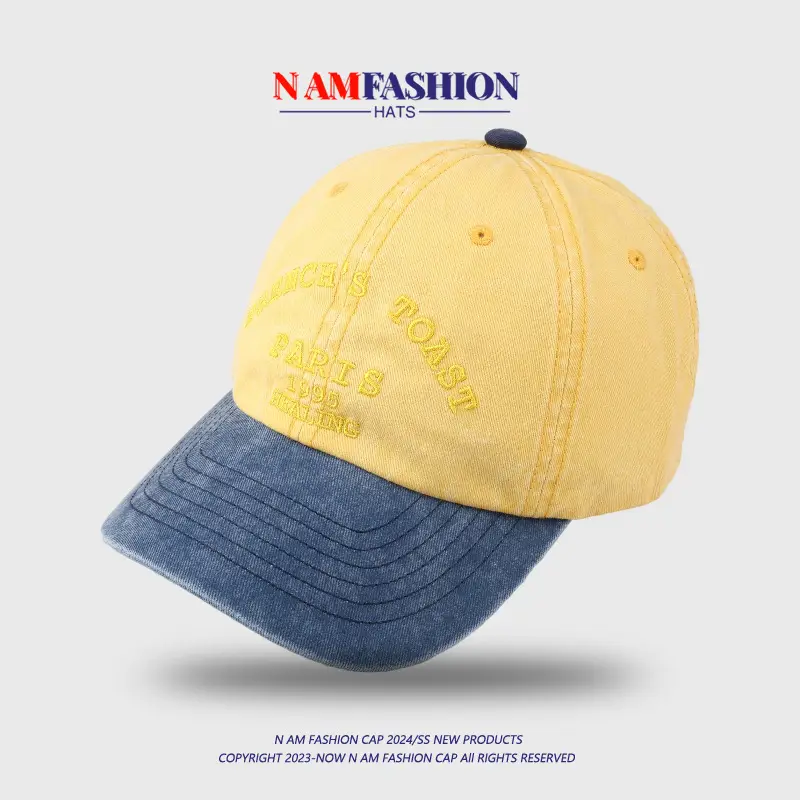 Men's Yellow Blue Washed Baseball Cap with Korean Embroidery — feature 9