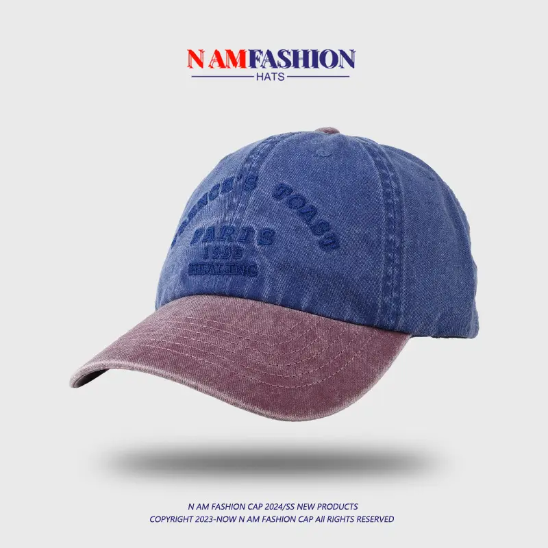 Men's Yellow Blue Washed Baseball Cap with Korean Embroidery - Image 4