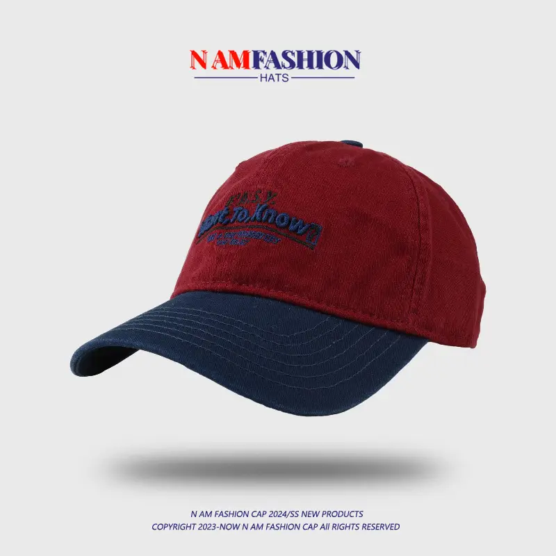Women Retro Ins Letter Embroidered Cap Maroon White - Image 10