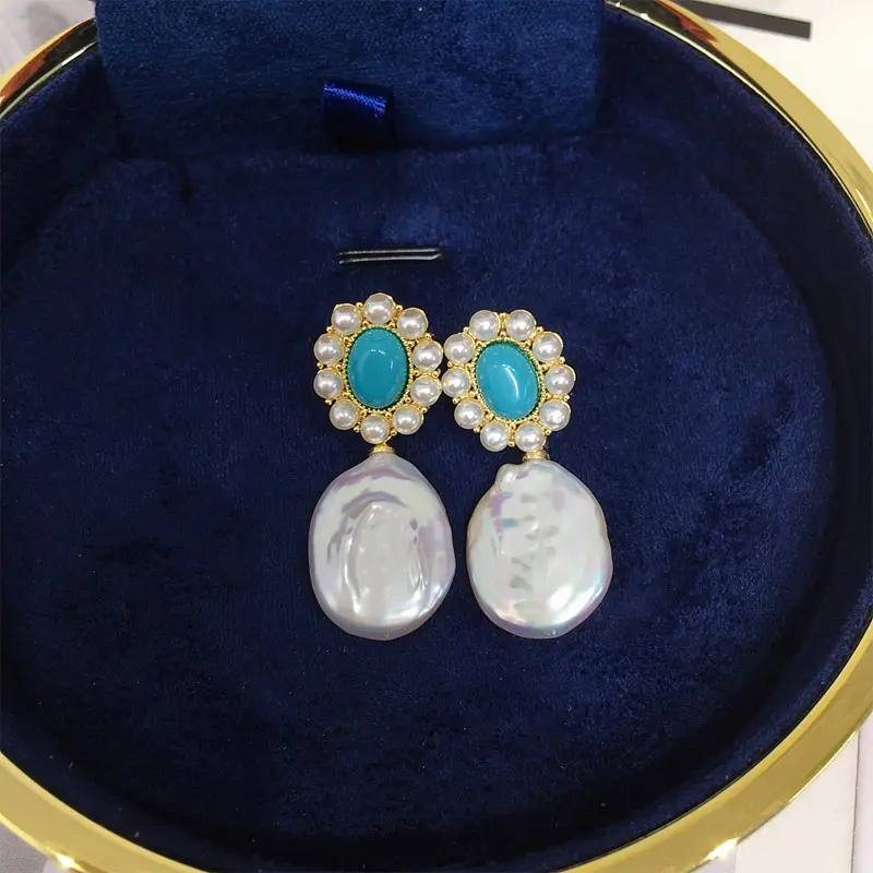 Turquoise Pearl Earrings for Women 18K Gold - Image 4