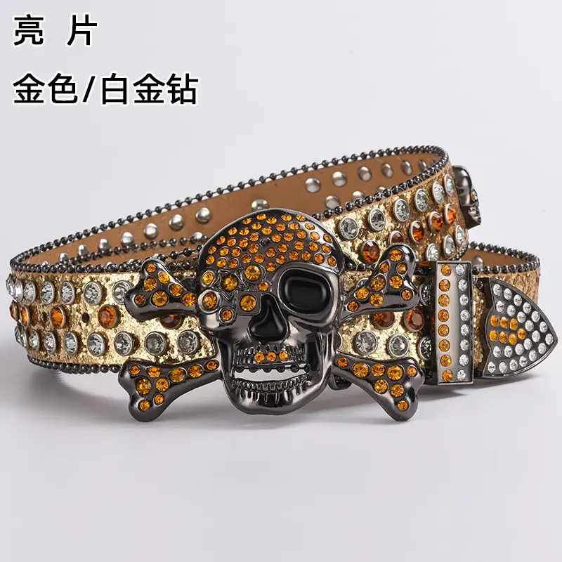 Skull Diamond Belt Buckle Black Gold Hip Hop Fashion — feature 14
