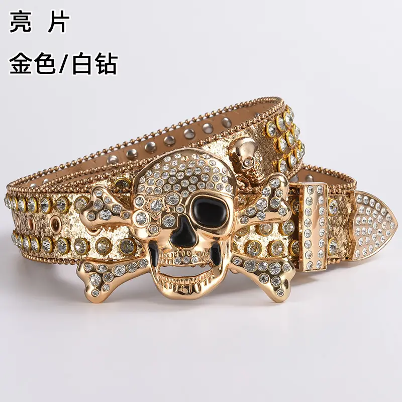 Skull Diamond Belt Buckle Black Gold Hip Hop Fashion — feature 15