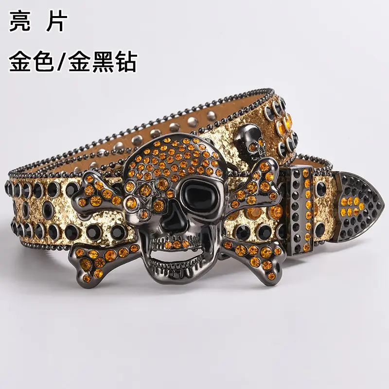 Skull Diamond Belt Buckle Black Gold Hip Hop Fashion — feature 16