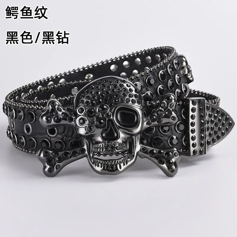 Skull Diamond Belt Buckle Black Gold Hip Hop Fashion — feature 2