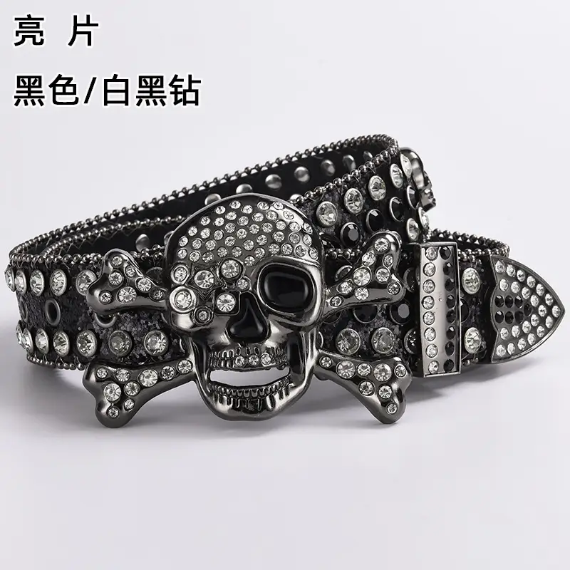 Skull Diamond Belt Buckle Black Gold Hip Hop Fashion — feature 9