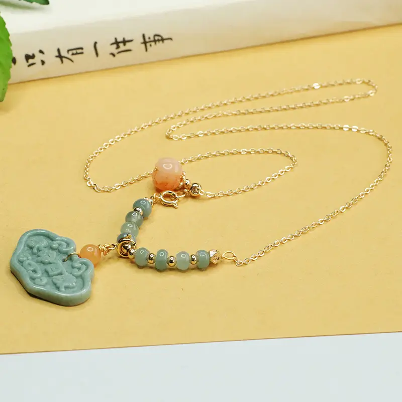 Blue Jade Pendant Necklace with Water Ruyi Lock Design — feature 7