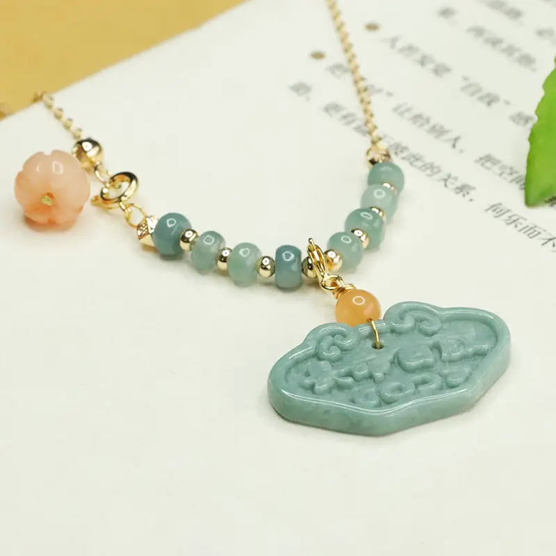 Blue Jade Pendant Necklace with Water Ruyi Lock Design — feature 9